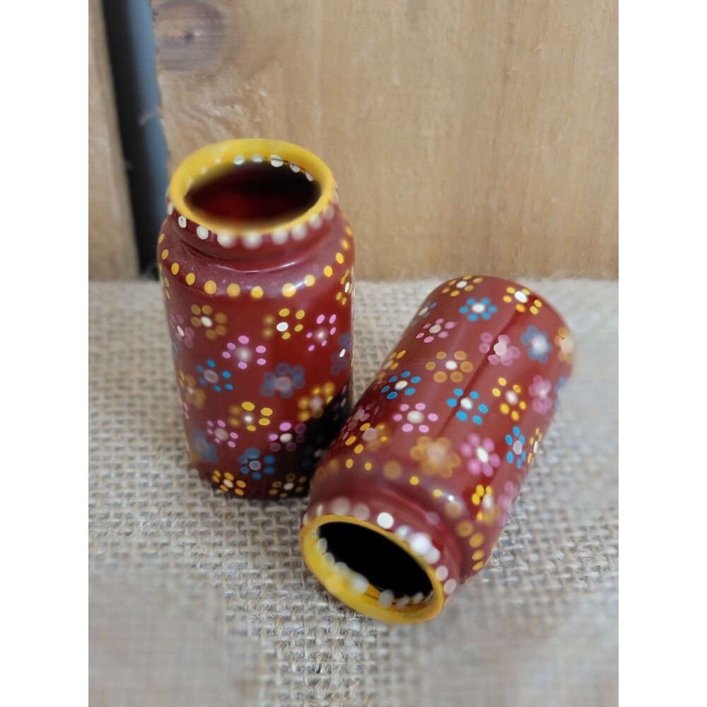 Small Hand Painted Jars Flowers Vintage Maroon Blue